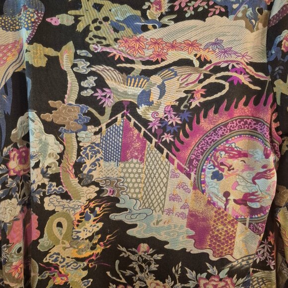 Norm Thompson Silk Blend Asymmetrical Covered Button Heavenly Dragon Peacock Top - Picture 4 of 14